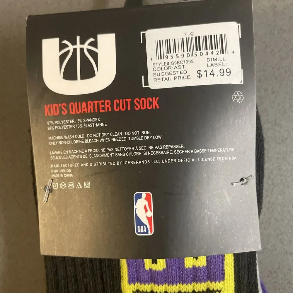 3 Pair NBA Ultra Game Los Angeles Lakers Quarter Cut Socks 7-9 M Shoe 9-4 Kids